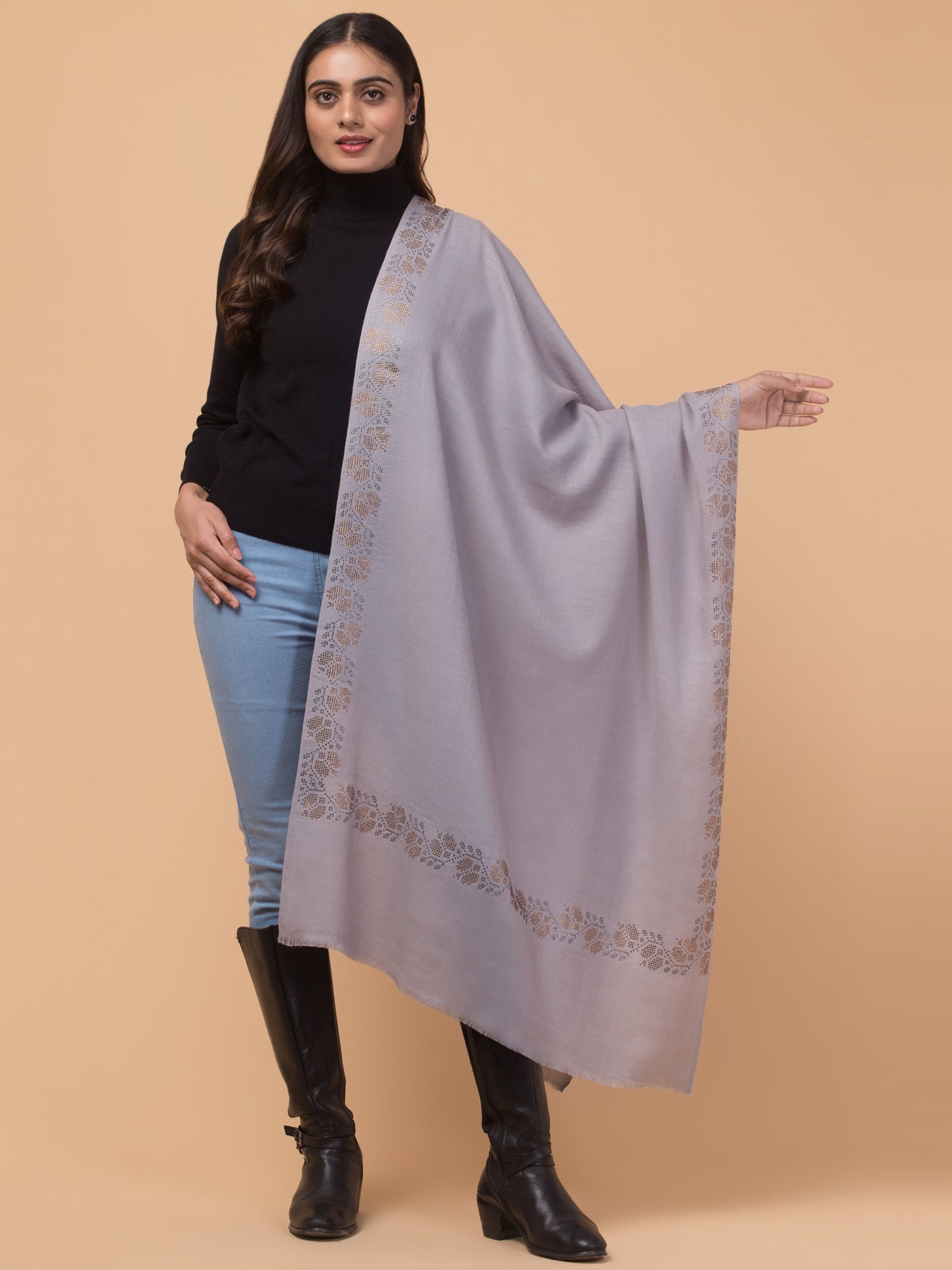 Fine Wool Crystal/Stone Work Stole for Winters - Grey