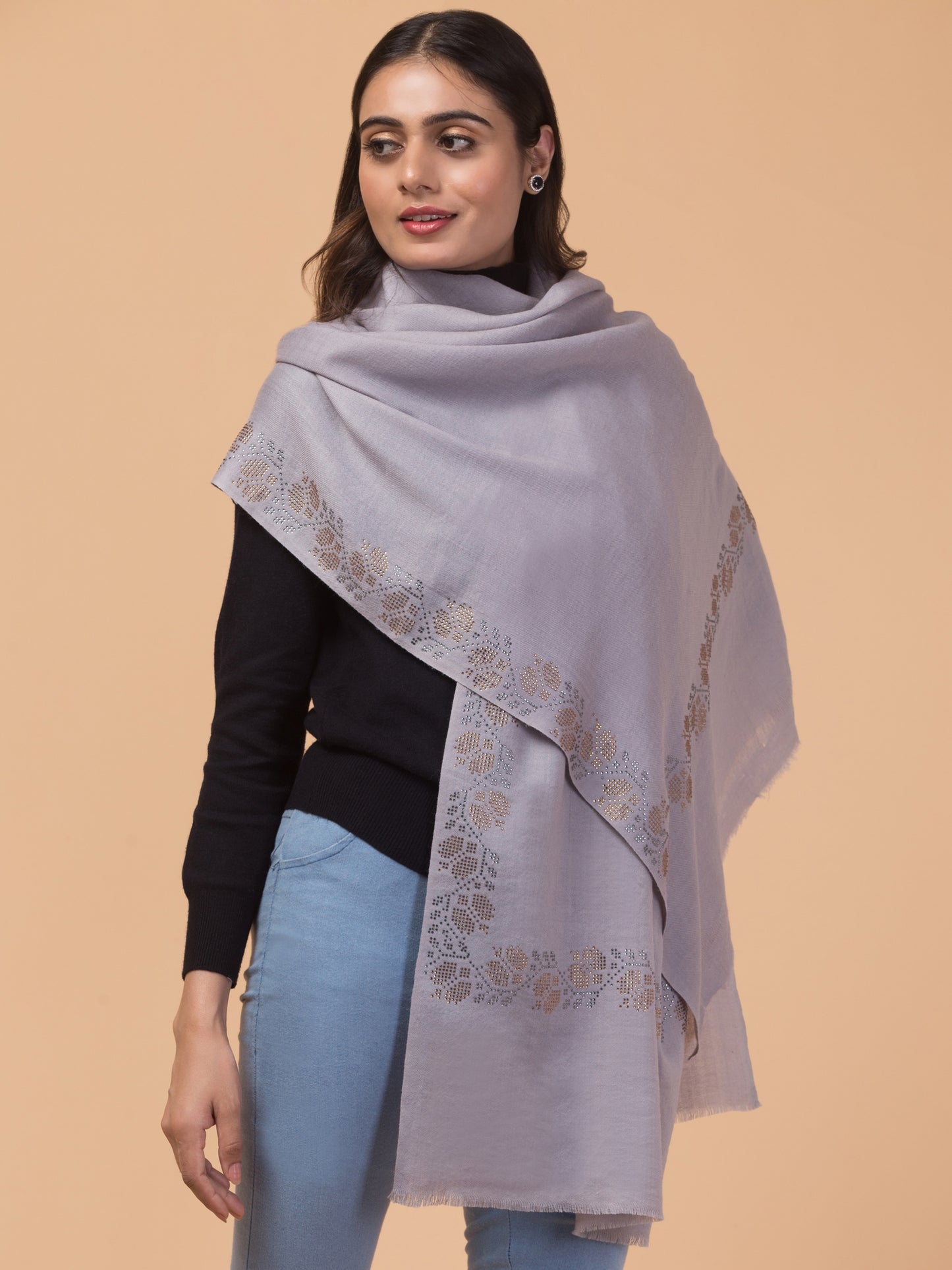 Fine Wool Crystal/Stone Work Stole for Winters - Grey