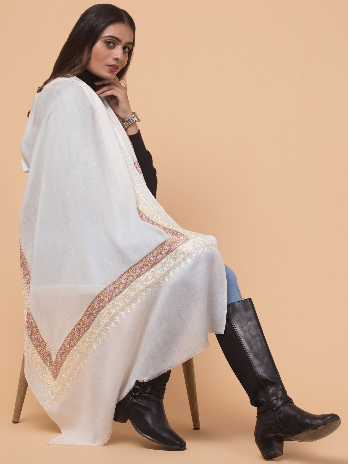 Tweedle Fine Wool Embroidered Stole for Women - Off-White, Size -28x80