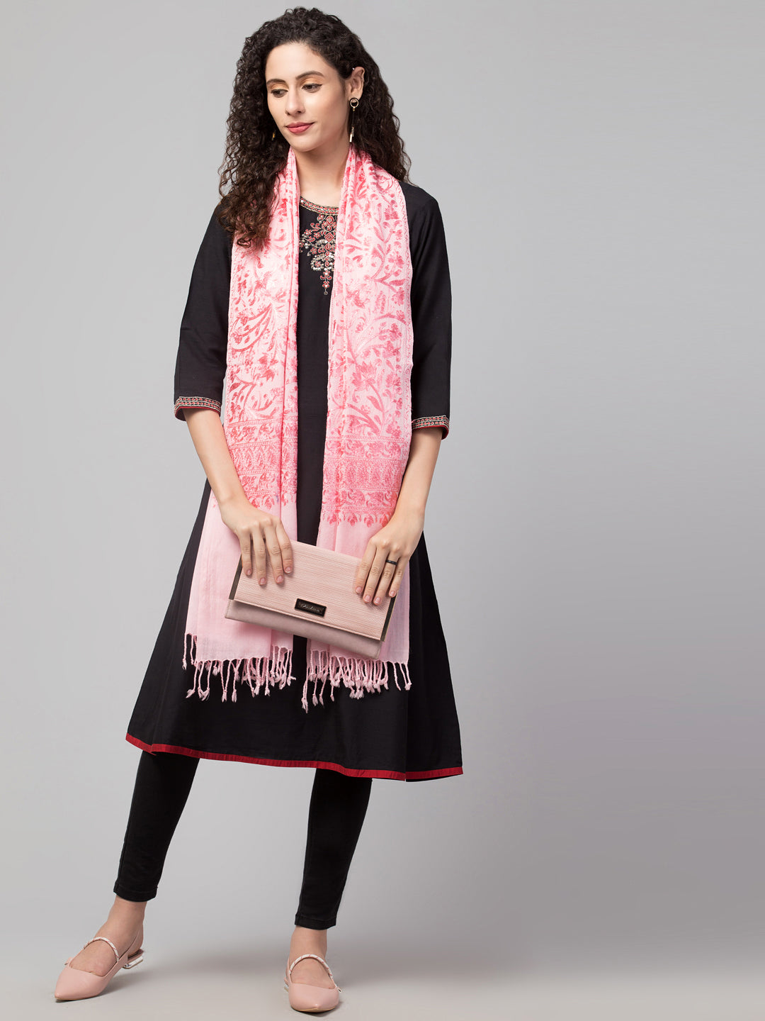 tweedle Women's Fine Wool Tone to Tone  Kashmiri Embroidery Stole - Pink