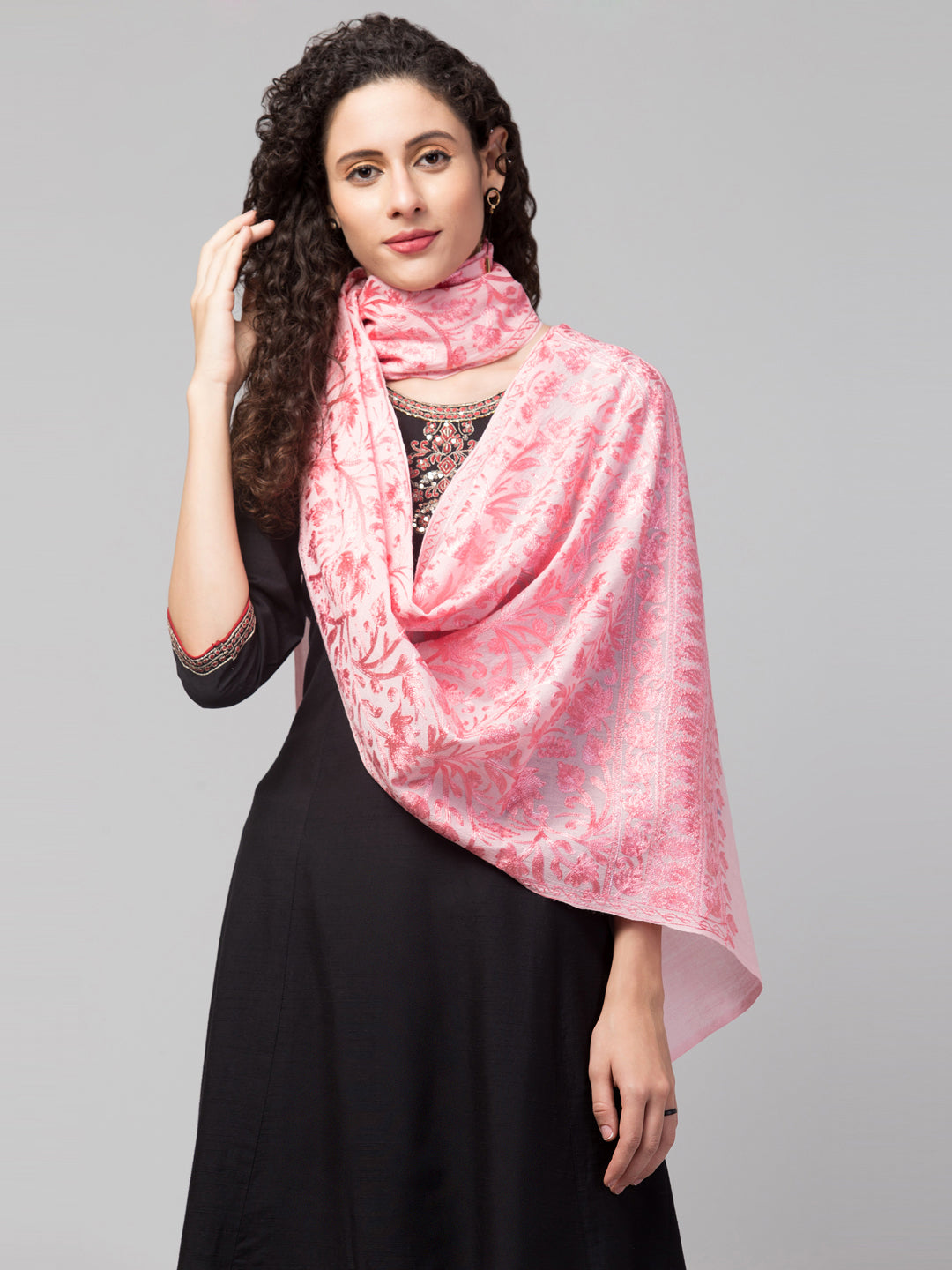 tweedle Women's Fine Wool Tone to Tone  Kashmiri Embroidery Stole - Pink