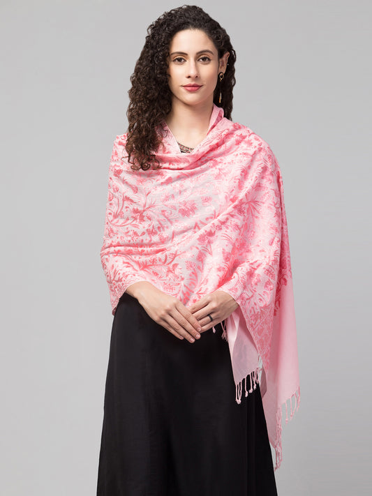 tweedle Women's Fine Wool Tone to Tone  Kashmiri Embroidery Stole - Pink