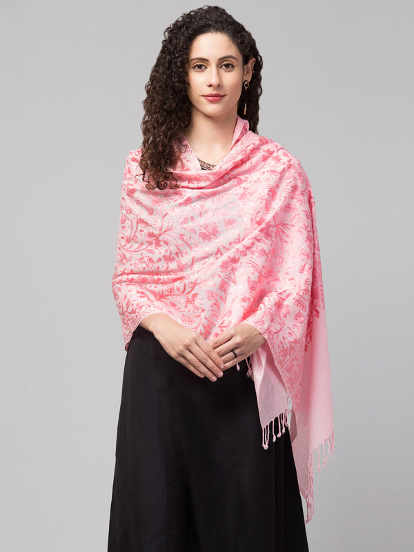 Fine Wool Tone to Tone Silky Thread Kashmiri Embroidery Stole - Baby Pink