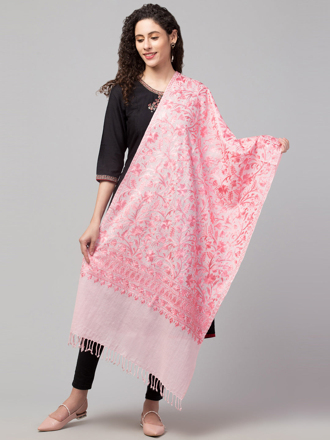 tweedle Women's Fine Wool Tone to Tone  Kashmiri Embroidery Stole - Pink