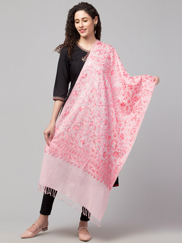 Fine Wool Tone to Tone Silky Thread Kashmiri Embroidery Stole - Baby Pink