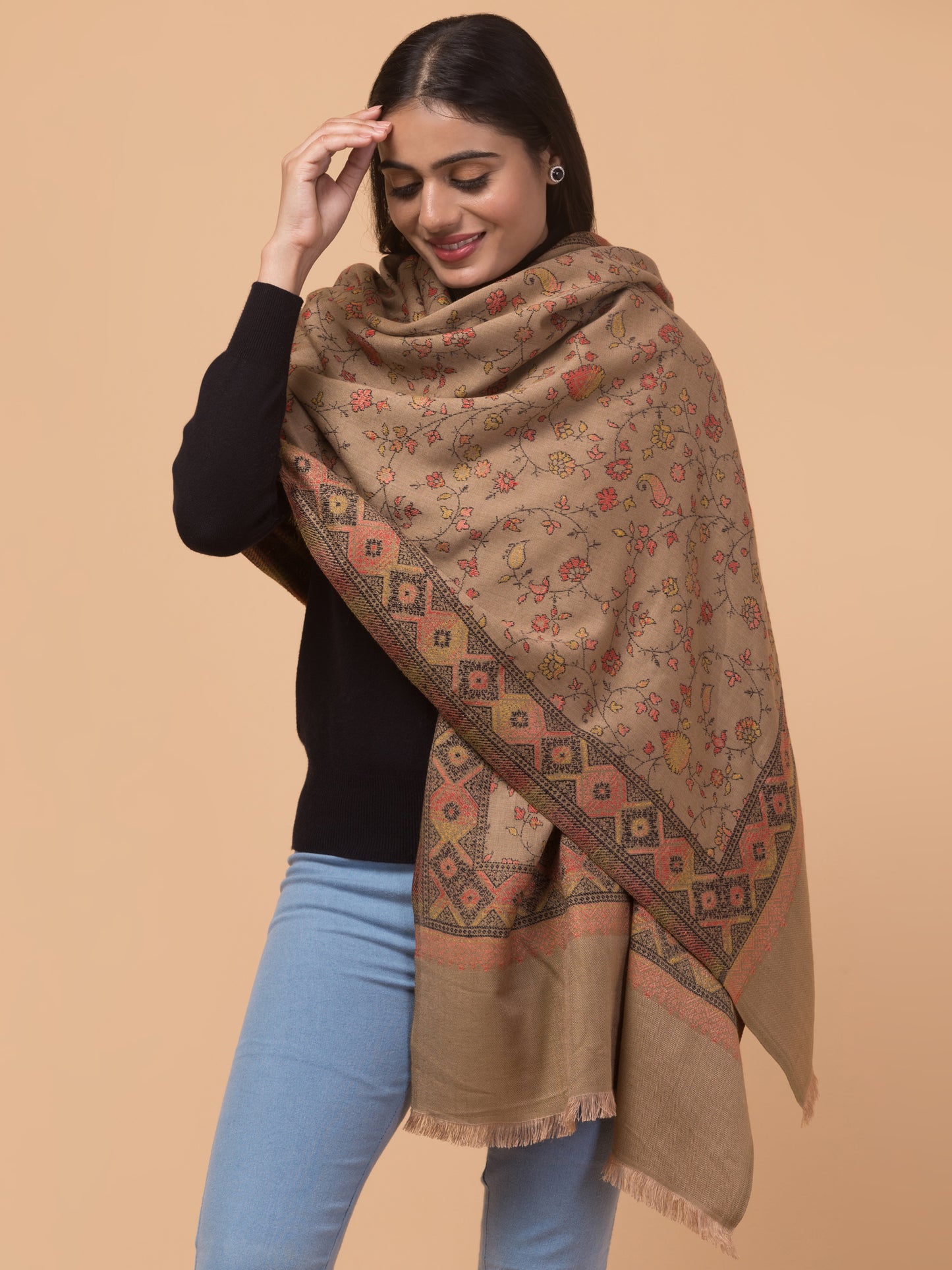 Kashmiri Kani Design Stole - Beige