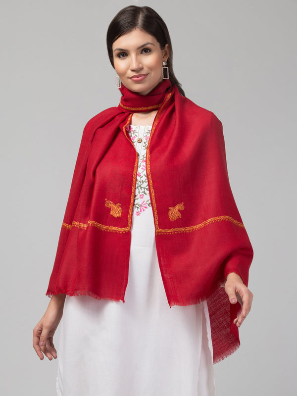 Fine Wool Plain Traditional Kingri Stole with Hand Embroidery Border - Maroon