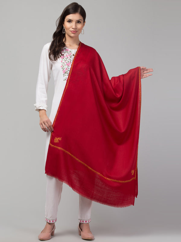 Fine Wool Plain Traditional Kingri Stole with Hand Embroidery Border - Maroon