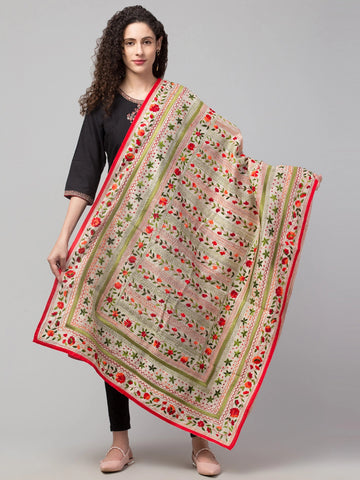 tweedle Offwhite Chanderi Phulkari Hand Embdoidery Dupatta For Women Red, Free Size