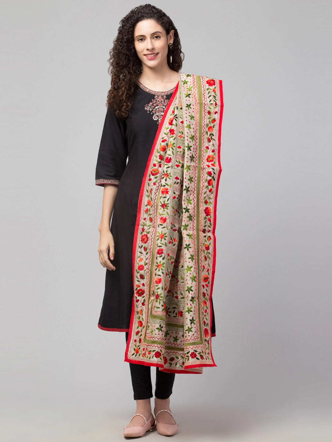 tweedle Offwhite Chanderi Phulkari Hand Embdoidery Dupatta For Women Red, Free Size