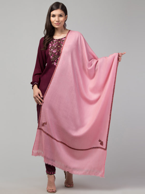 Fine Wool Plain Traditional Kingri Stole with Hand Embroidery Border - Pink