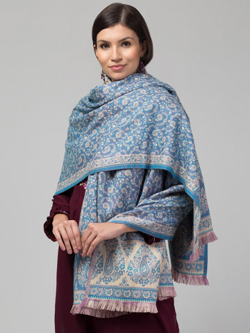 Double Sided Acro Wool Jacquard Shawl - Blue