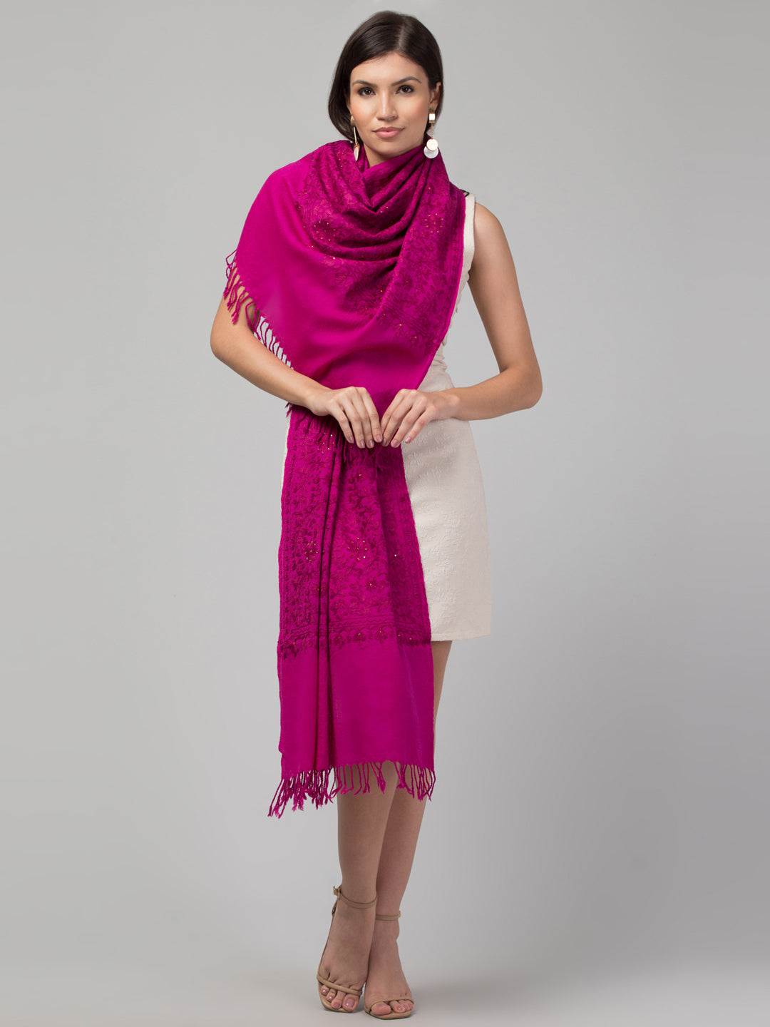 tweedle Women's Fine Wool Tone to Tone Aari Embroidery Stole with Stone Work - Rose