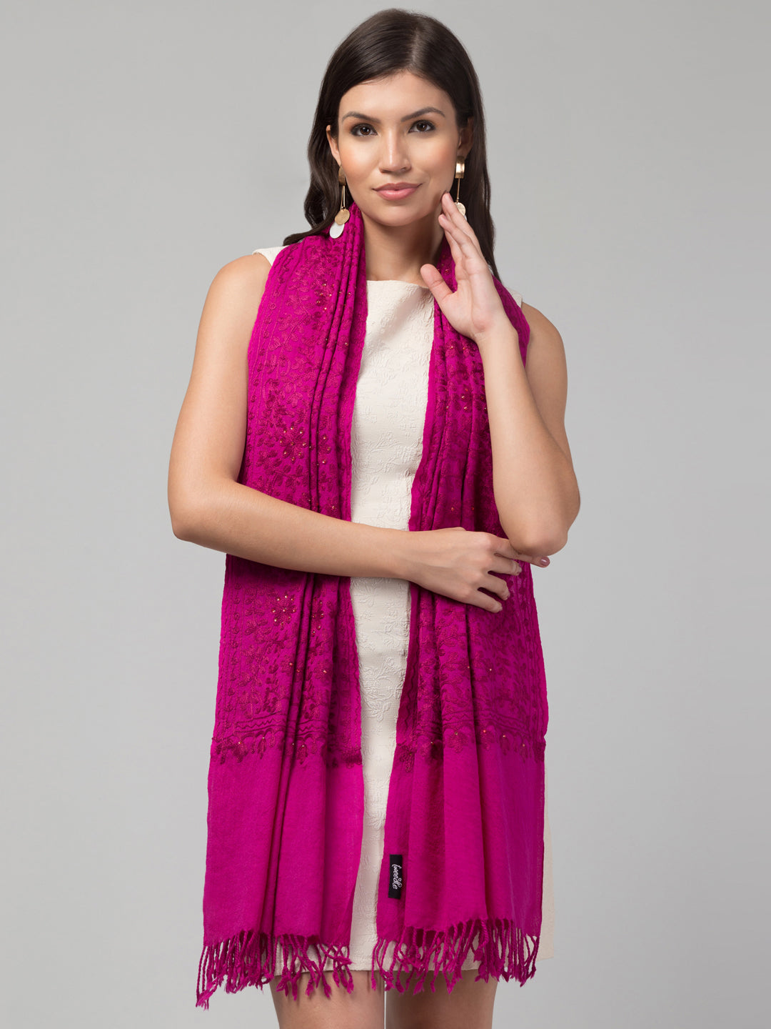 tweedle Women's Fine Wool Tone to Tone Aari Embroidery Stole with Stone Work - Rose