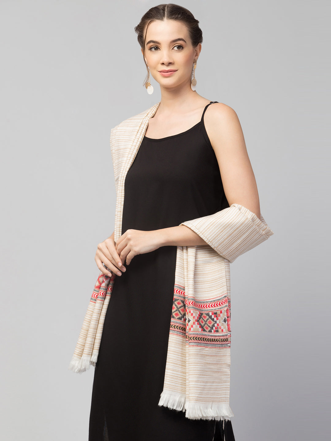Ethnic Kullu Shawl for Women, Traditional Himachali Design with Tribal Motifs - Off White