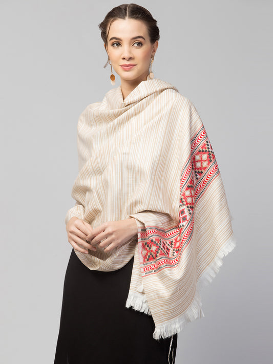 Ethnic Kullu Shawl for Women, Traditional Himachali Design with Tribal Motifs - Off White