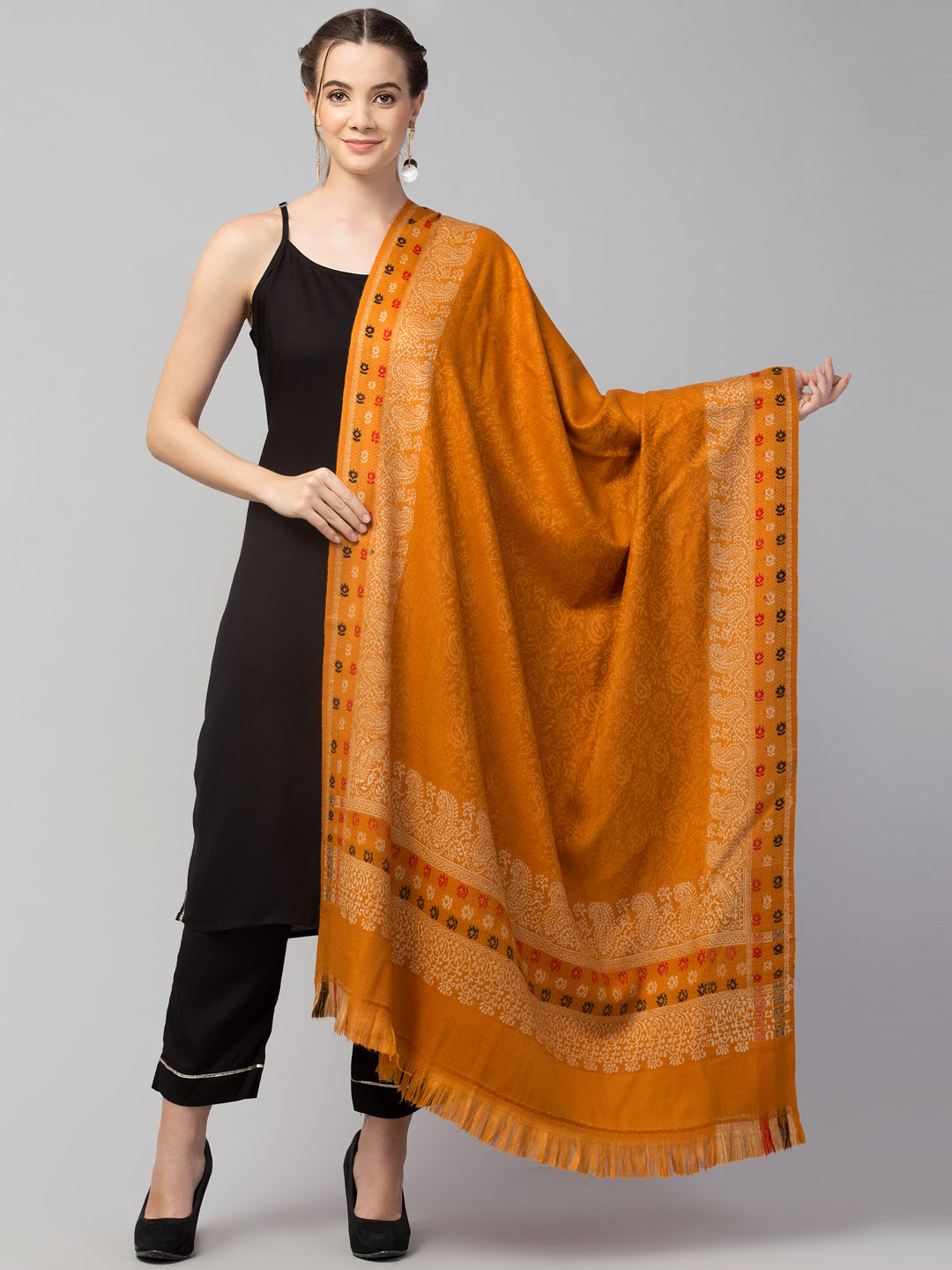 Jamawar Weave Plain Self Design with Border Shawl - Yellow