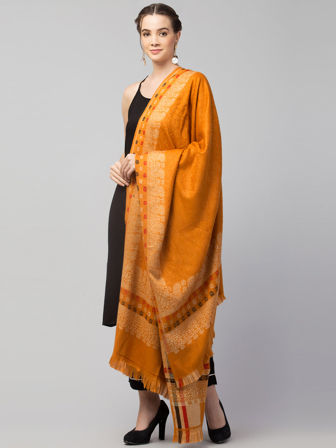 Jamawar Weave Plain Self Design with Border Shawl - Yellow