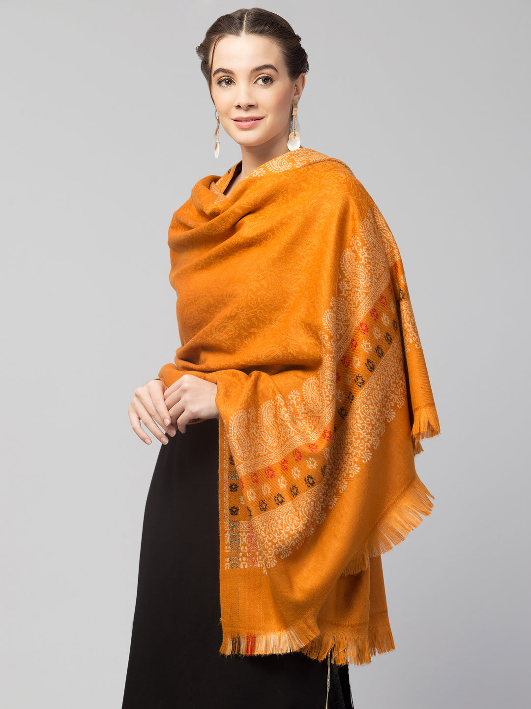 Jamawar Weave Plain Self Design with Border Shawl - Yellow