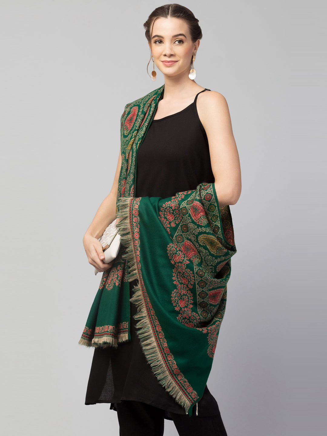 Tweedle Women’s Jamawar Paisley Design Woolen Shawl / Stole for Winters - Green(40 x 80 inches)