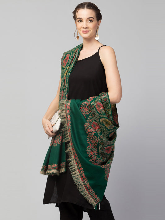 Tweedle Women’s Jamawar Paisley Design Woolen Shawl / Stole for Winters - Green(40 x 80 inches)