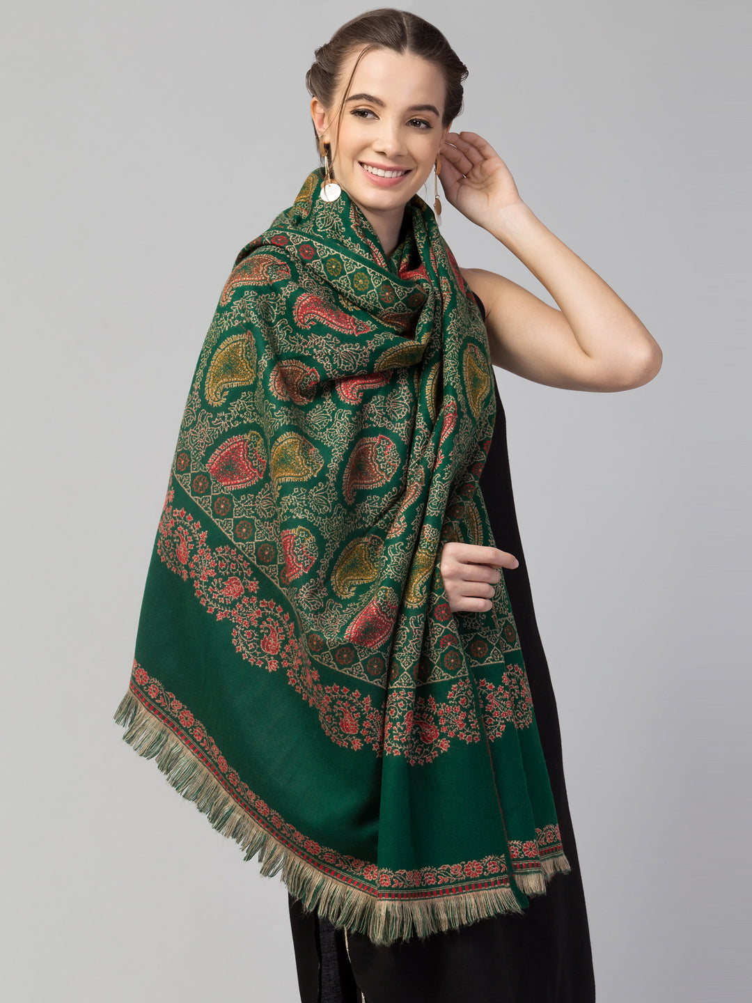 Tweedle Women’s Jamawar Paisley Design Woolen Shawl / Stole for Winters - Green(40 x 80 inches)
