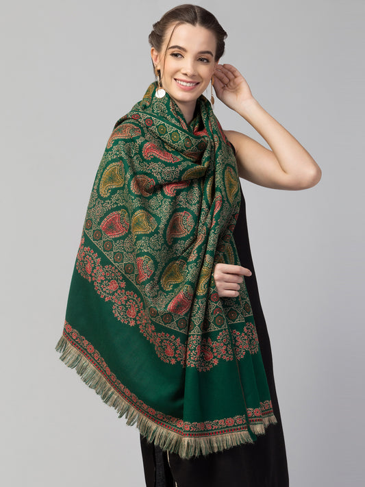 Tweedle Women’s Jamawar Paisley Design Woolen Shawl / Stole for Winters - Green(40 x 80 inches)