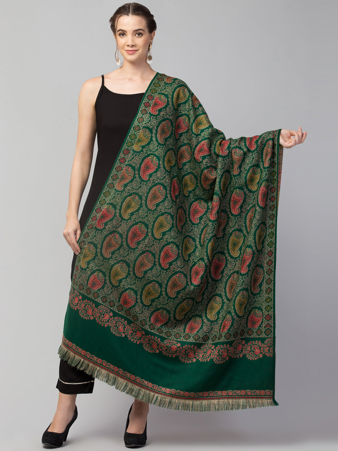 Tweedle Women’s Jamawar Paisley Design Woolen Shawl / Stole for Winters - Green(40 x 80 inches)