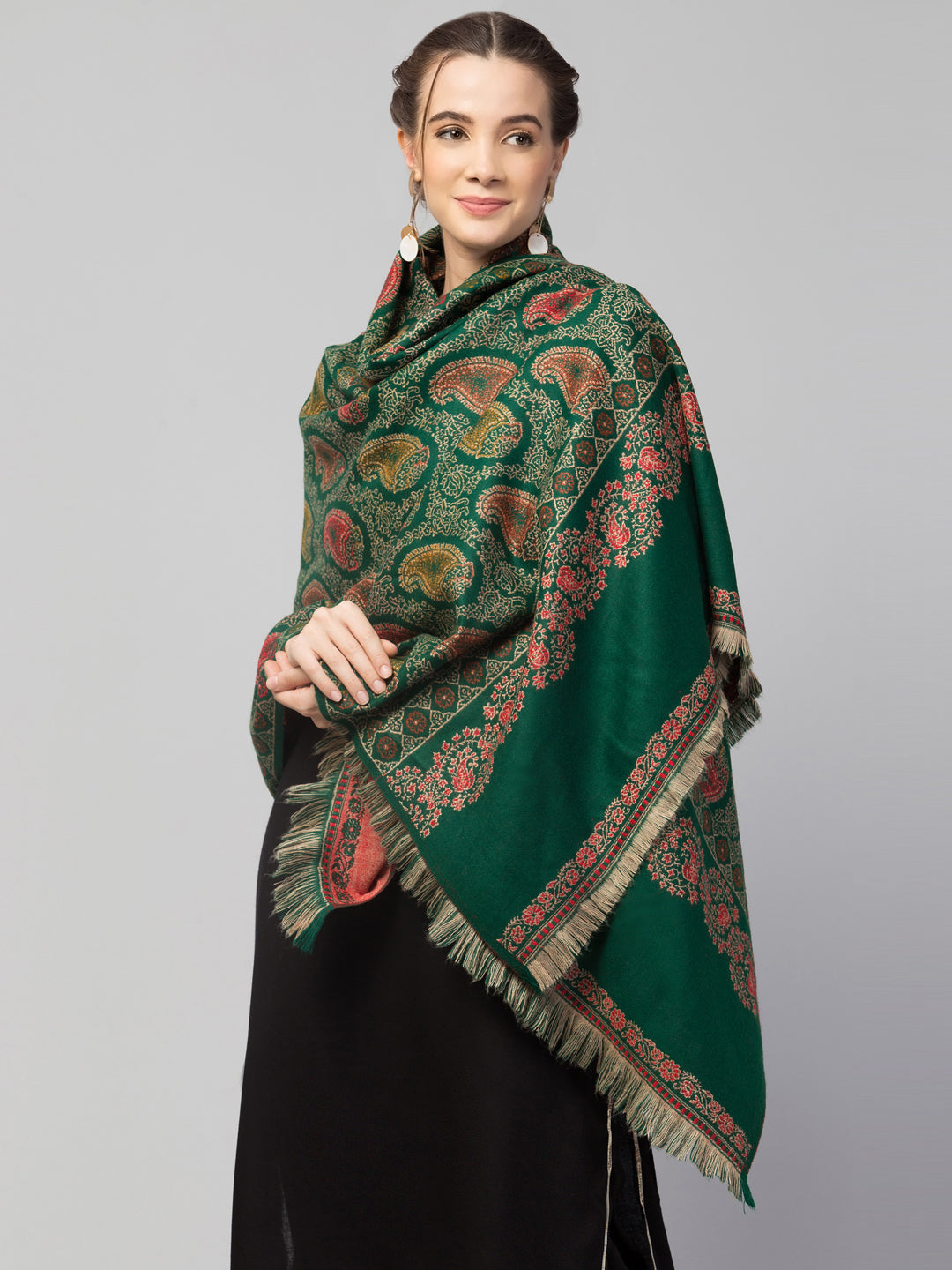 Tweedle Women’s Jamawar Paisley Design Woolen Shawl / Stole for Winters - Green(40 x 80 inches)