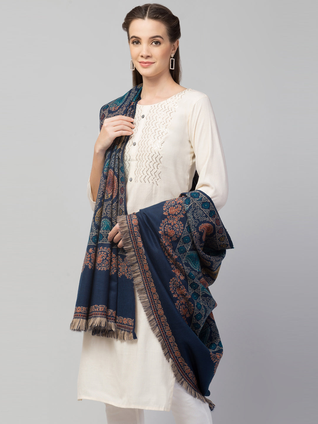 Tweedle Women’s Jamawar Paisley Design Woolen Shawl / Stole for Winters - Blue  (40 x 80 inches)