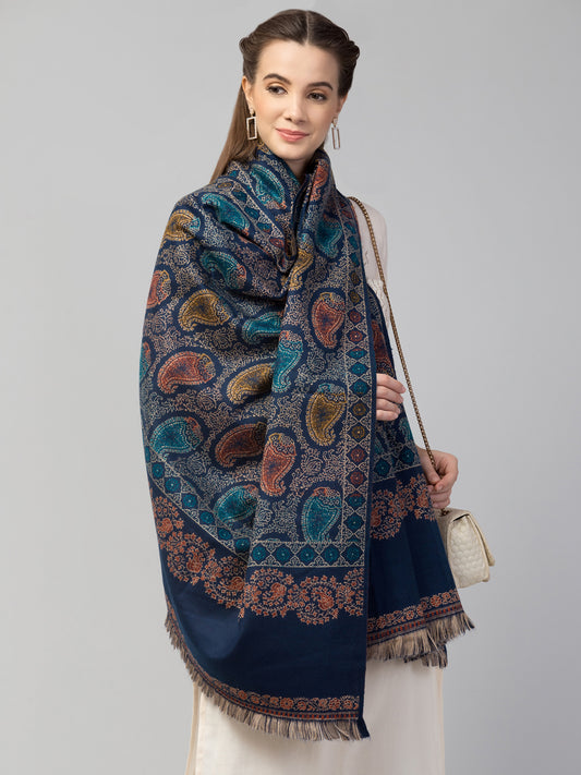 Tweedle Women’s Jamawar Paisley Design Woolen Shawl / Stole for Winters - Blue  (40 x 80 inches)