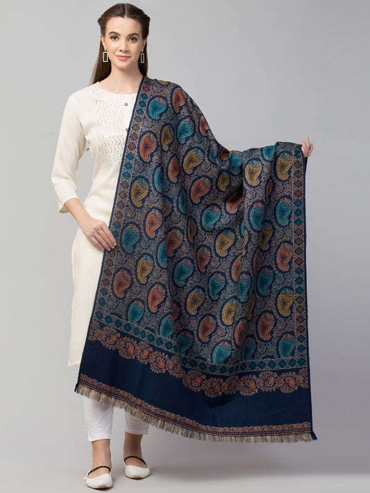 Tweedle Women’s Jamawar Paisley Design Woolen Shawl / Stole for Winters - Blue (40 x 80 inches)