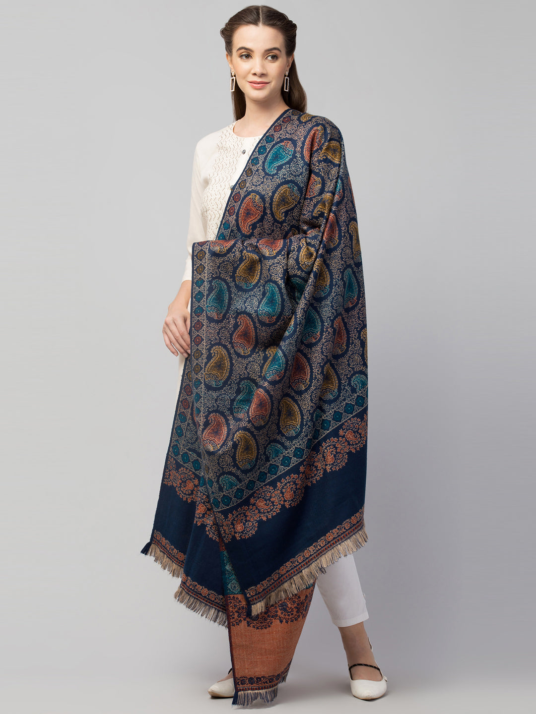 Tweedle Women’s Jamawar Paisley Design Woolen Shawl / Stole for Winters - Blue  (40 x 80 inches)