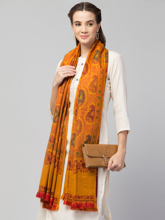Tweedle Women’s Jamawar Paisley Design Woolen Shawl / Stole for Winters - Mustard (40 x 80 inches)