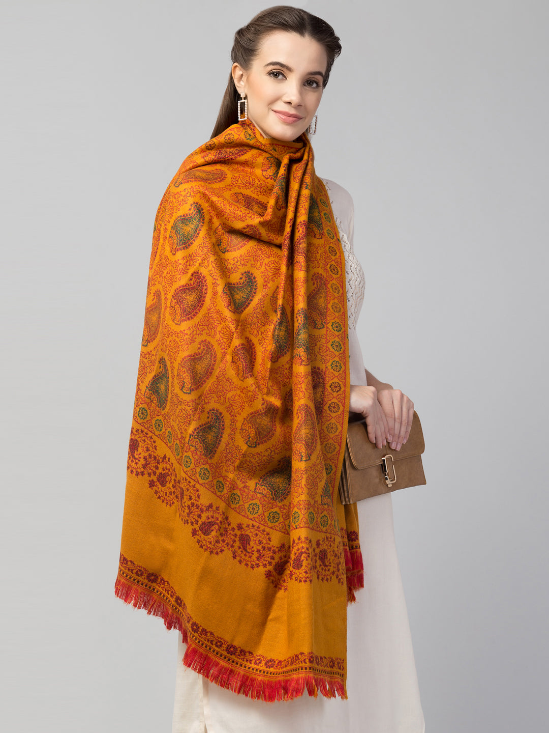 Tweedle Women’s Jamawar Paisley Design Woolen Shawl / Stole for Winters - Mustard (40 x 80 inches)