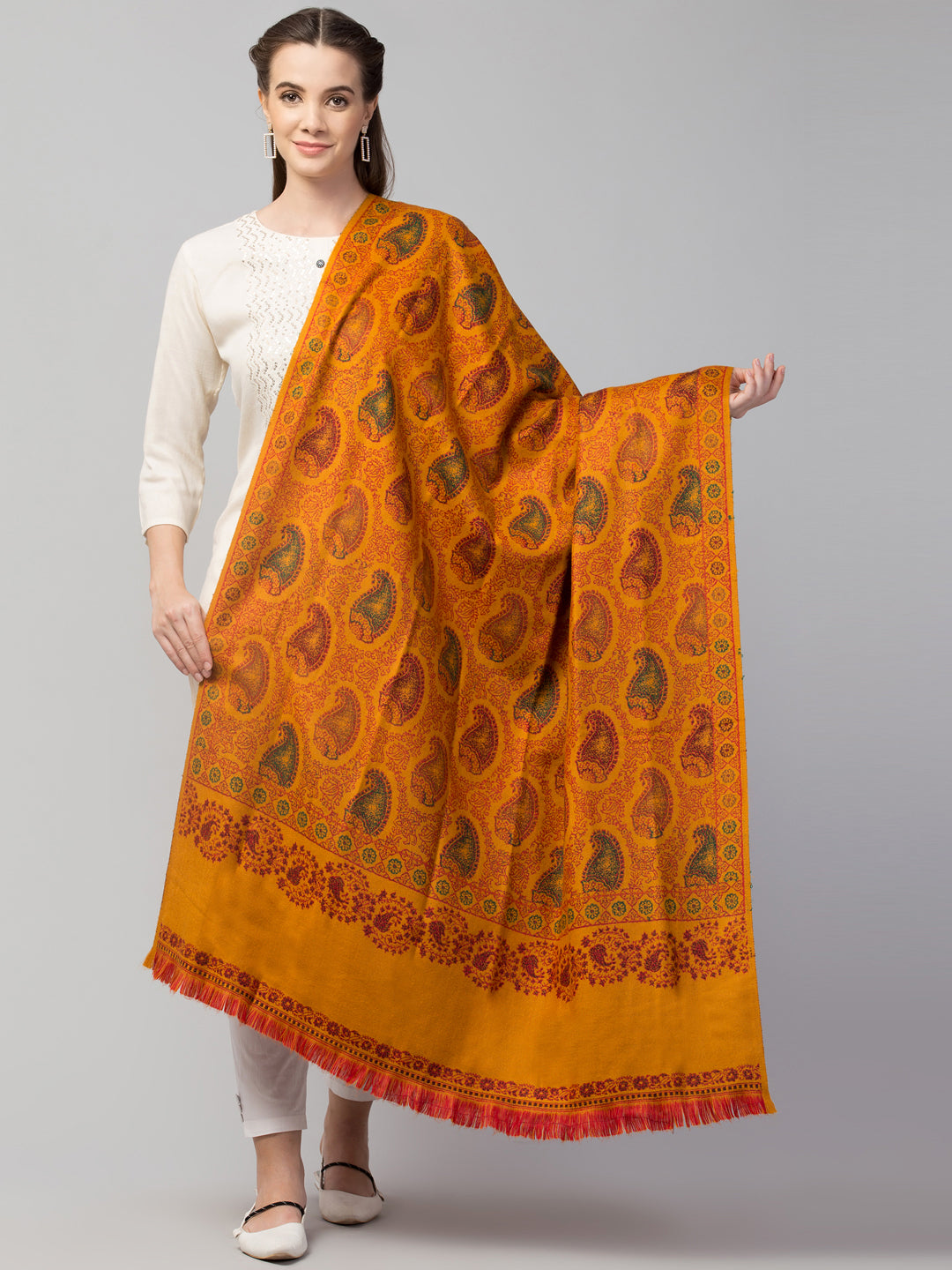 Tweedle Women’s Jamawar Paisley Design Woolen Shawl / Stole for Winters - Mustard (40 x 80 inches)