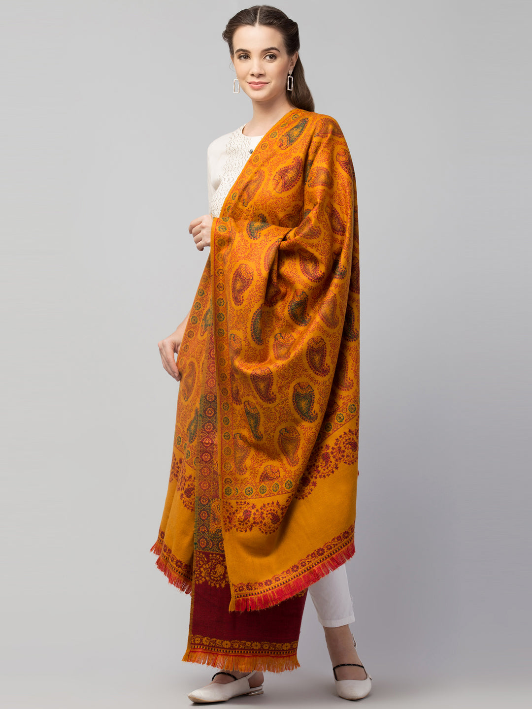 Tweedle Women’s Jamawar Paisley Design Woolen Shawl / Stole for Winters - Mustard (40 x 80 inches)