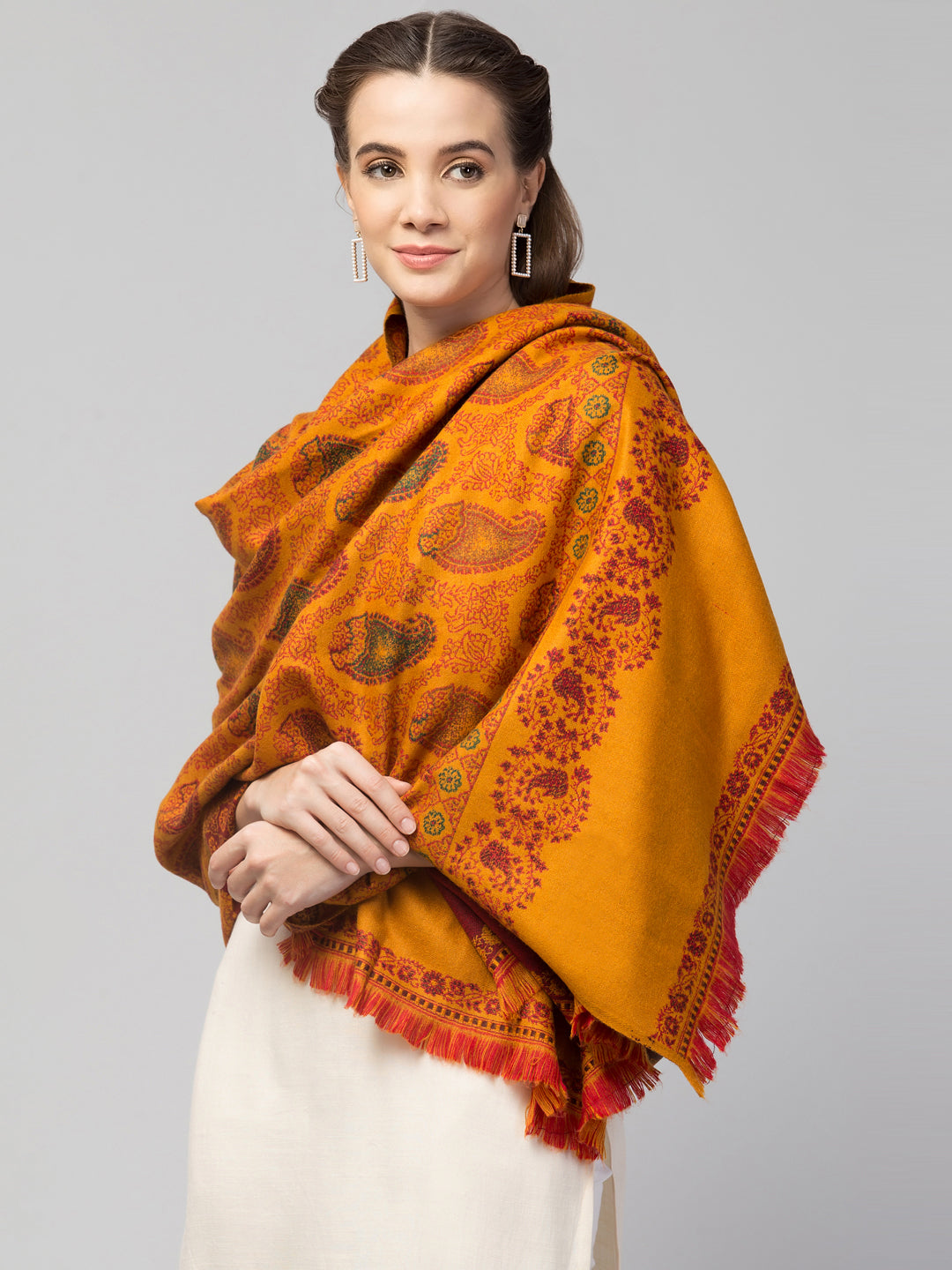 Tweedle Women’s Jamawar Paisley Design Woolen Shawl / Stole for Winters - Mustard (40 x 80 inches)