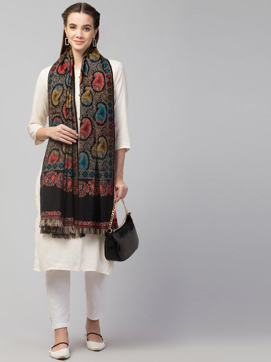Tweedle Women’s Jamawar Paisley Design Woolen Shawl / Stole for Winters - Black (40 x 80 inches)