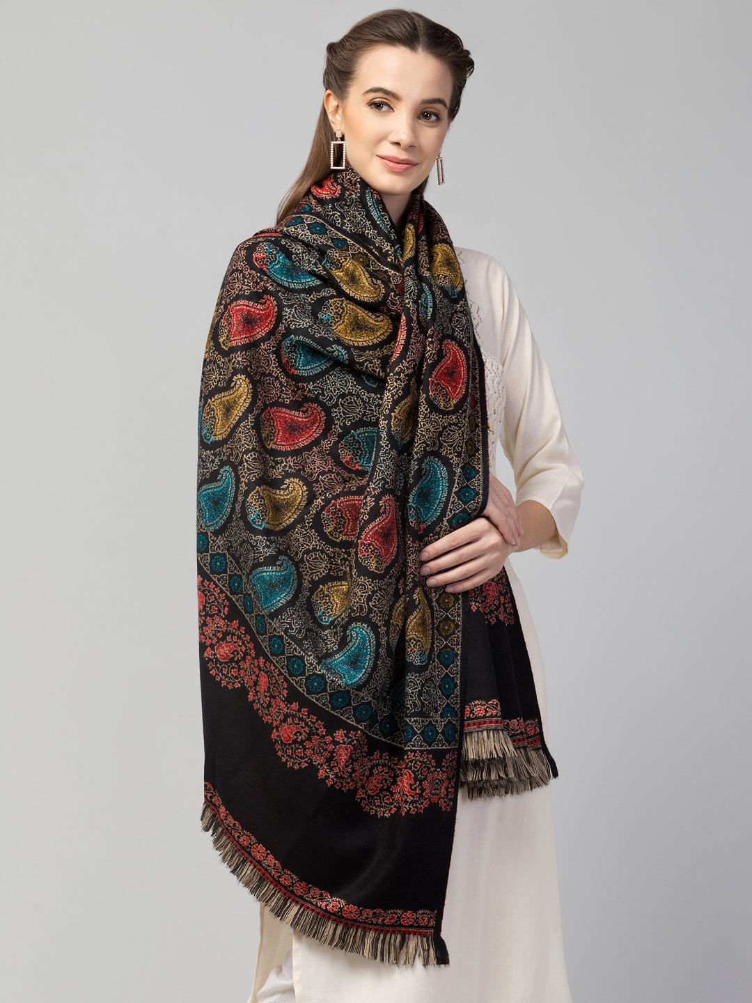 Tweedle Women’s Jamawar Paisley Design Woolen Shawl / Stole for Winters - Black (40 x 80 inches)