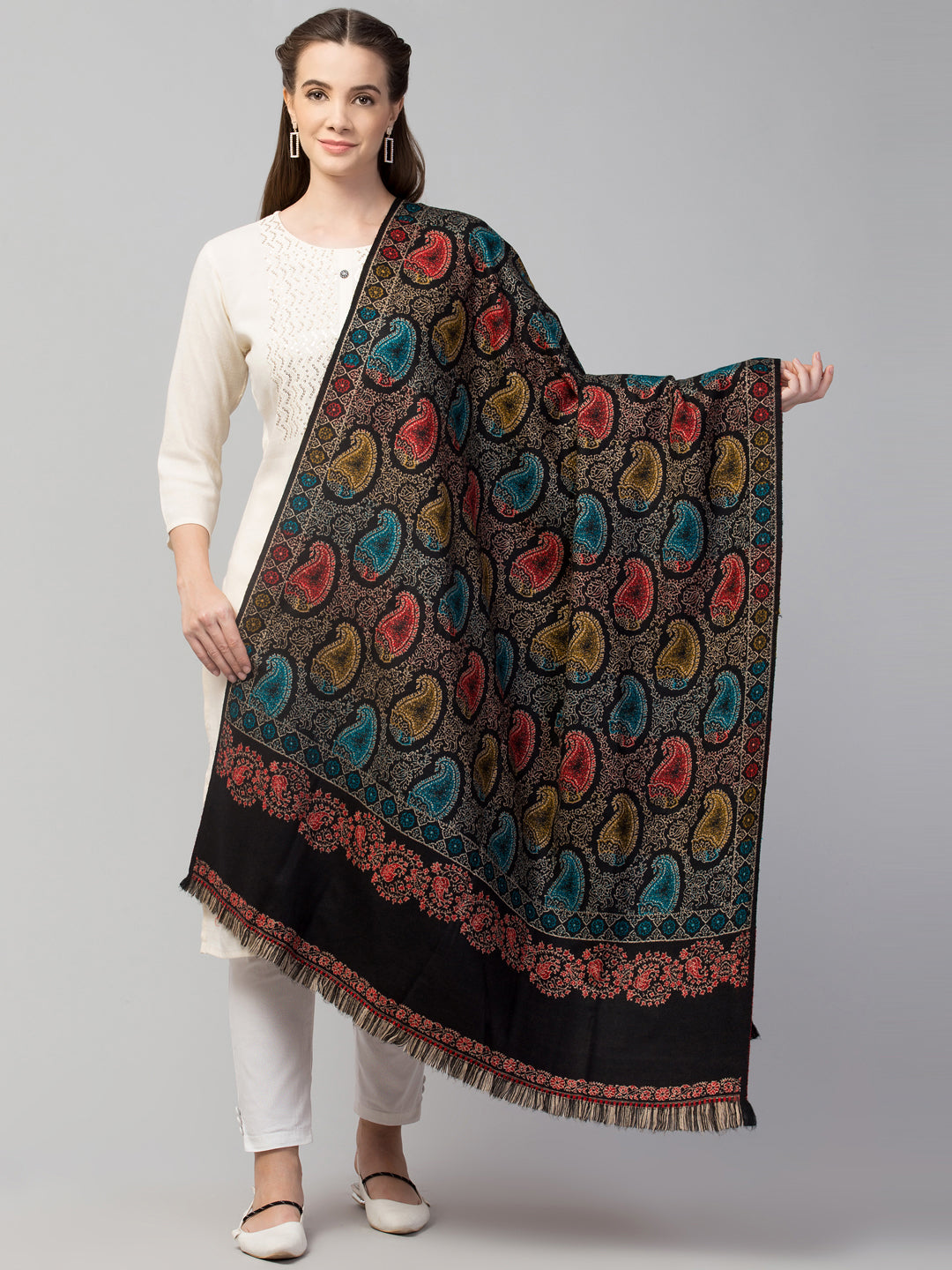 Tweedle Women’s Jamawar Paisley Design Woolen Shawl / Stole for Winters - Black (40 x 80 inches)