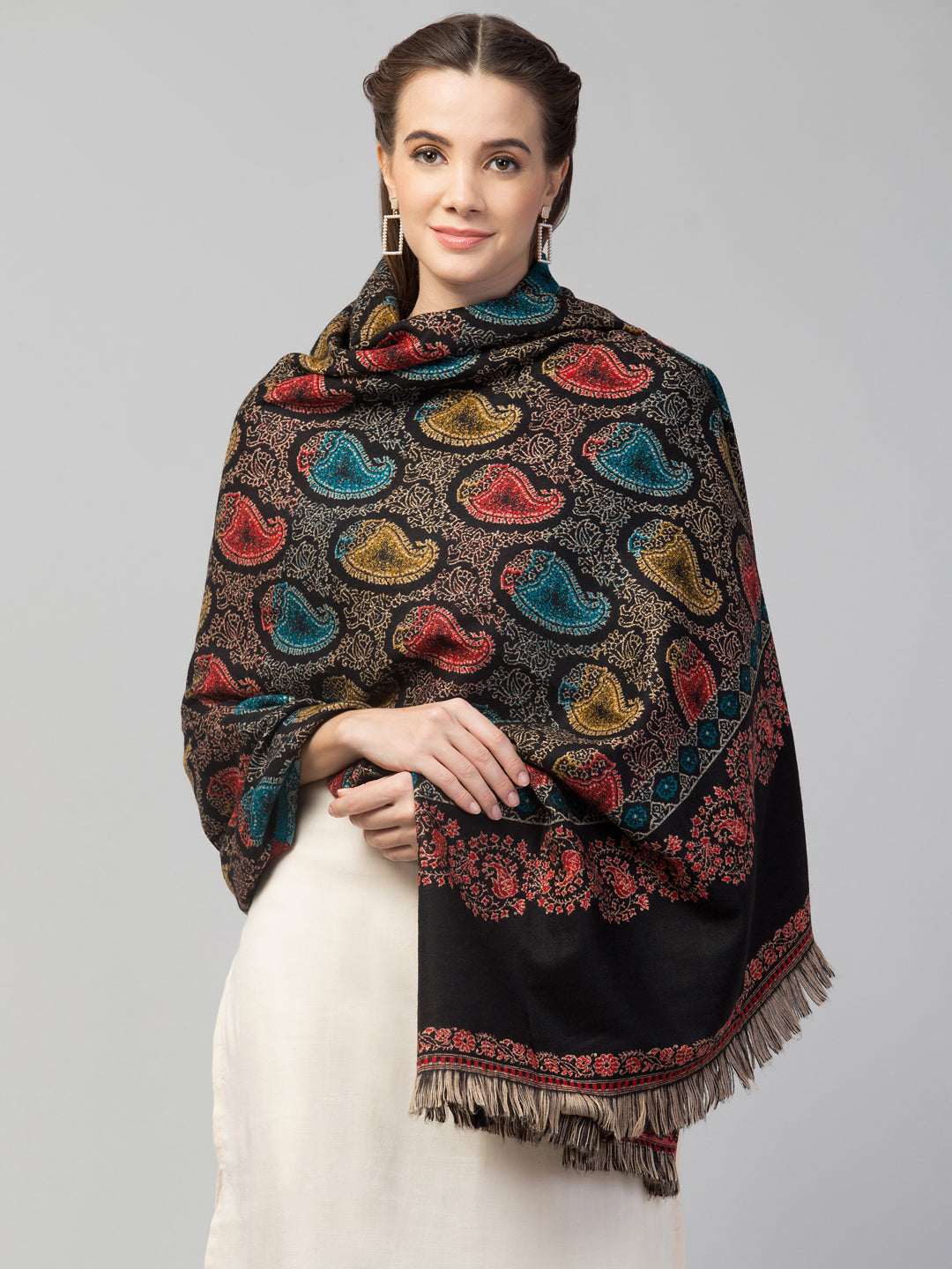 Tweedle Women’s Jamawar Paisley Design Woolen Shawl / Stole for Winters - Black (40 x 80 inches)
