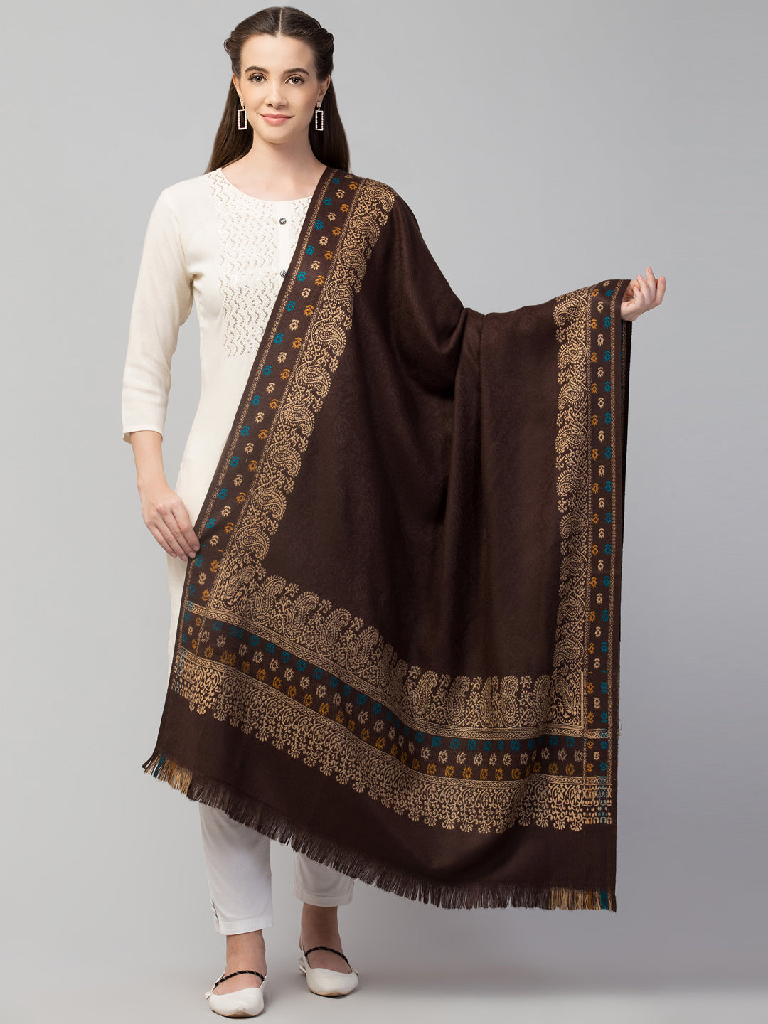 Jamawar Weave Plain Self Design with Border Shawl - Brown