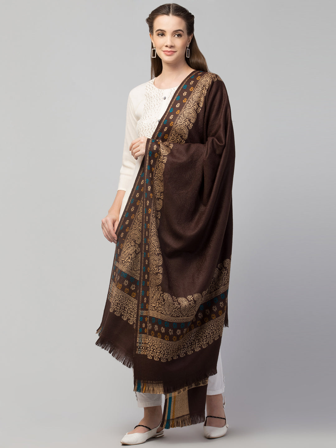 Jamawar Weave Plain Self Design with Border Shawl - Brown