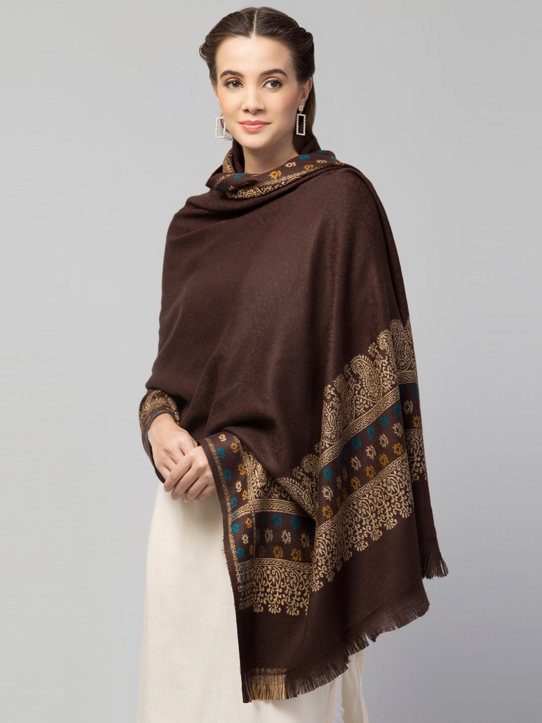 Jamawar Weave Plain Self Design with Border Shawl - Brown