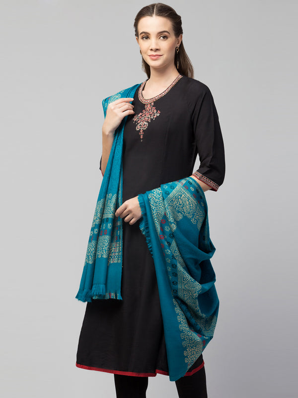 Jamawar Weave Plain Self Design with Border Shawl - Turquoise