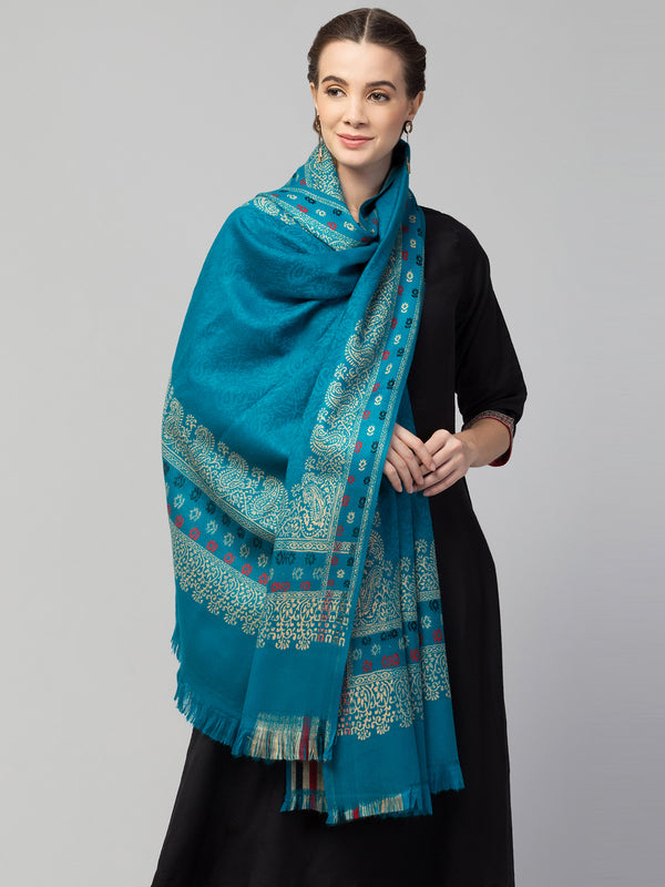 Jamawar Weave Plain Self Design with Border Shawl - Turquoise