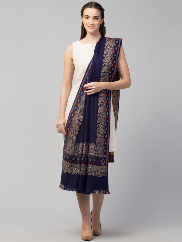 Jamawar Weave Plain Self Design with Border Shawl - Blue