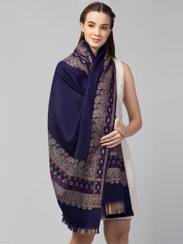 Jamawar Weave Plain Self Design with Border Shawl - Blue