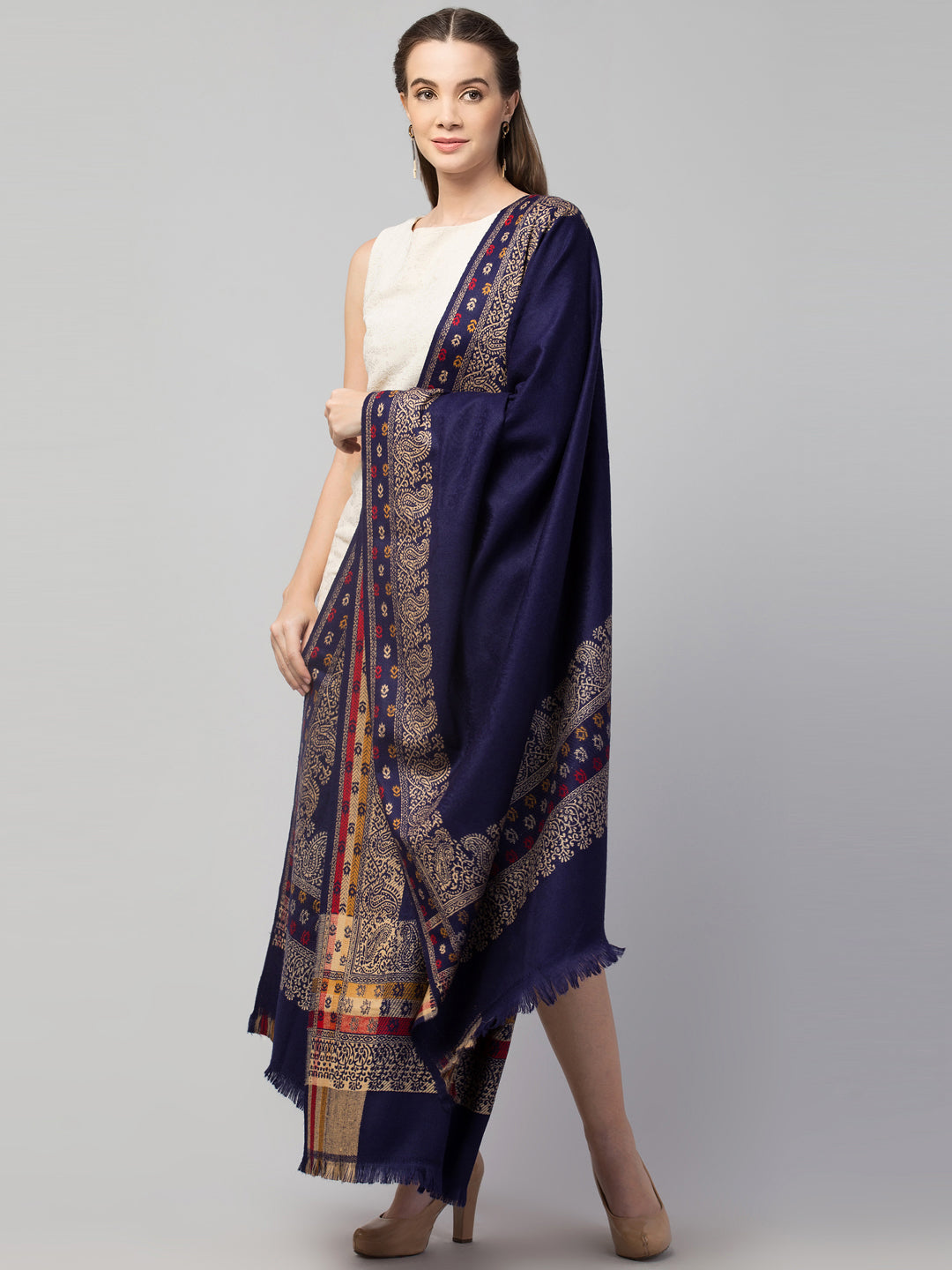 Jamawar Weave Plain Self Design with Border Shawl - Blue